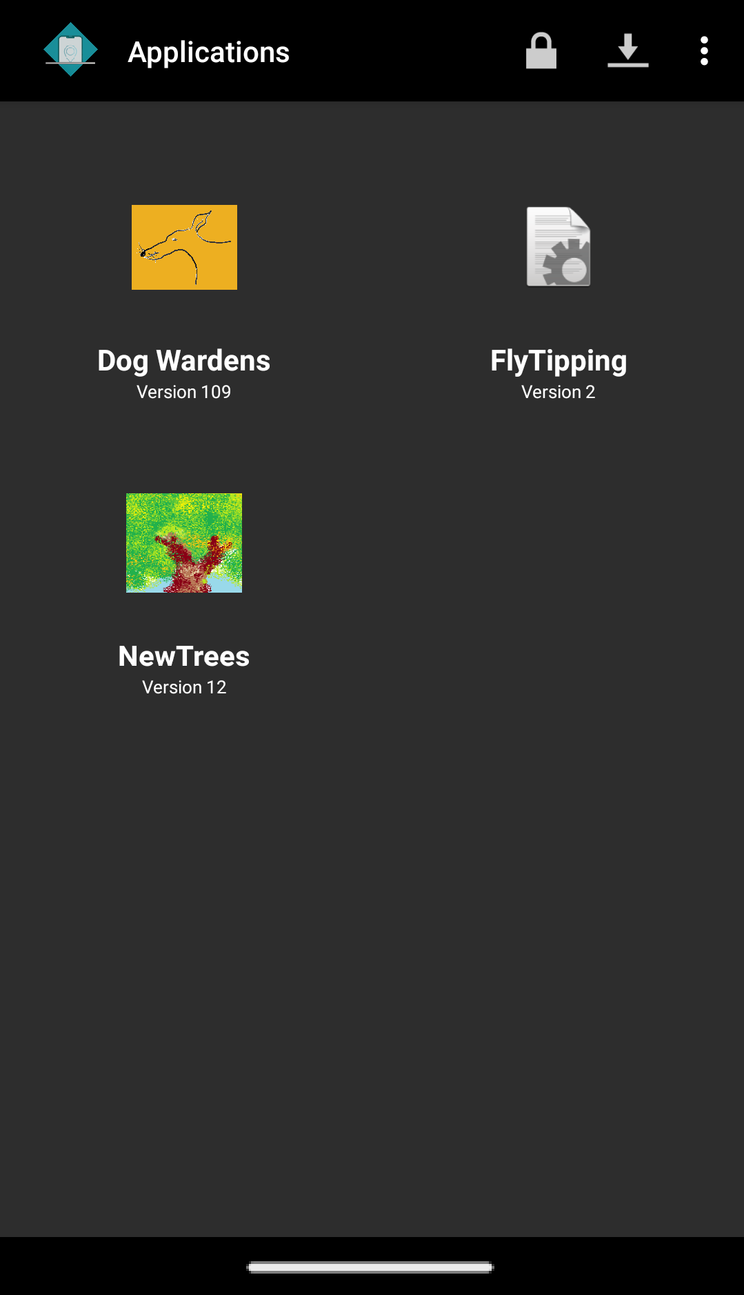Picture showing the Applications page with icons for downloaded Apps displayed in the standard Digitise Apps Client on an Android device.